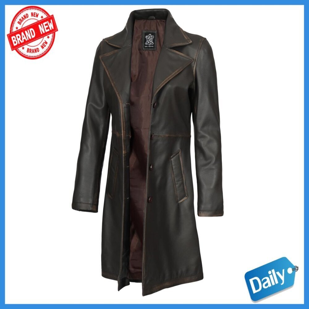Real Lambskin Leather Trench Coat Women's Long Sleeve Car Coat